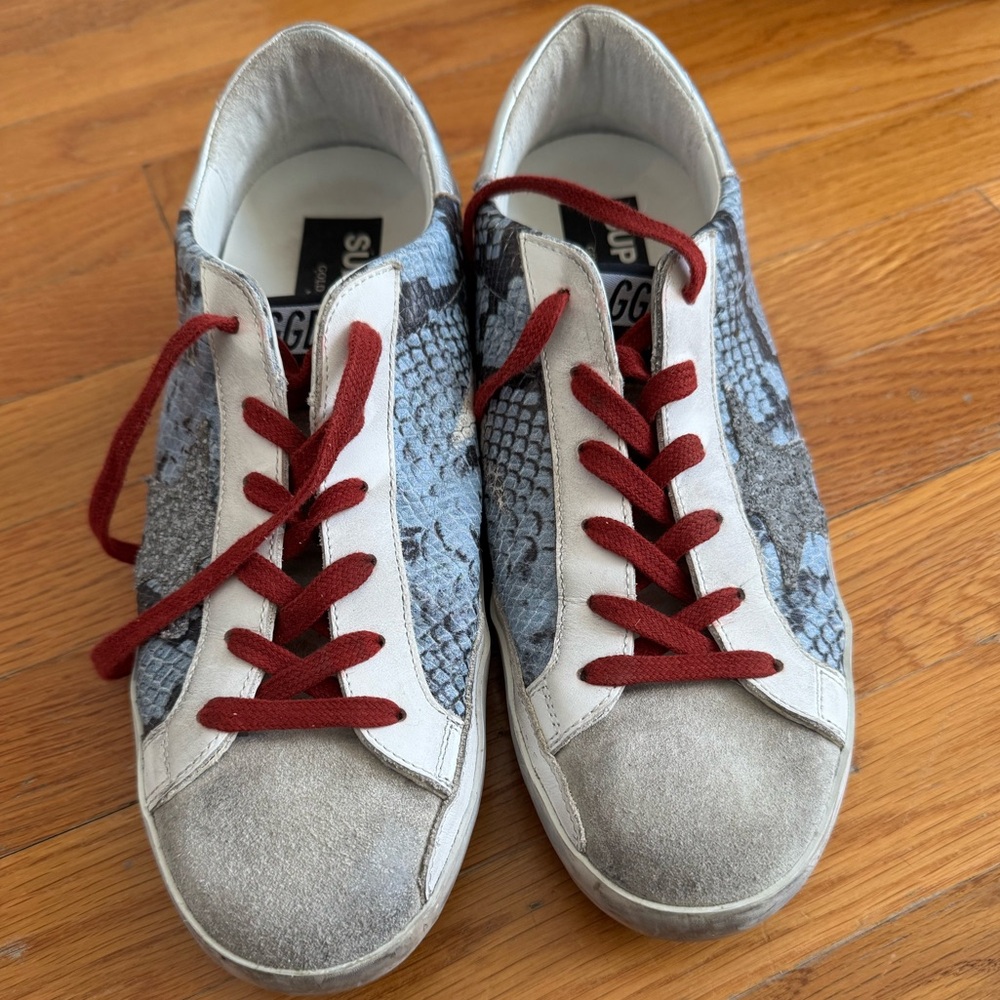 Golden Goose sneakers size 41. Blue snakeskin with red laces.